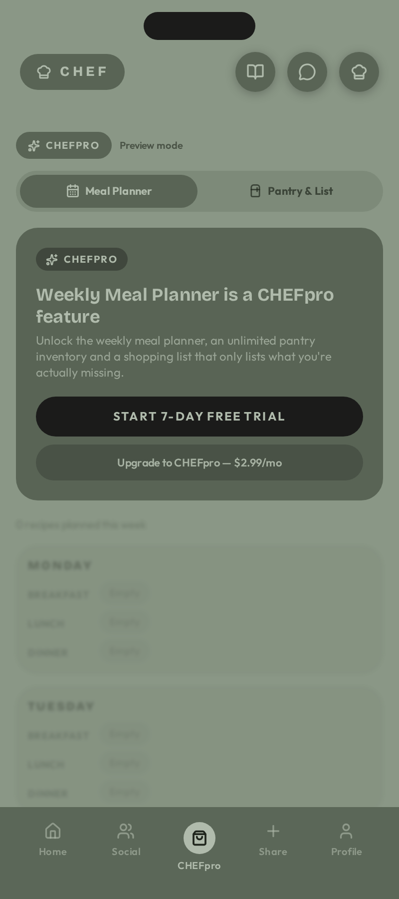 CHEFpro hub with the weekly meal planner and pantry tracker