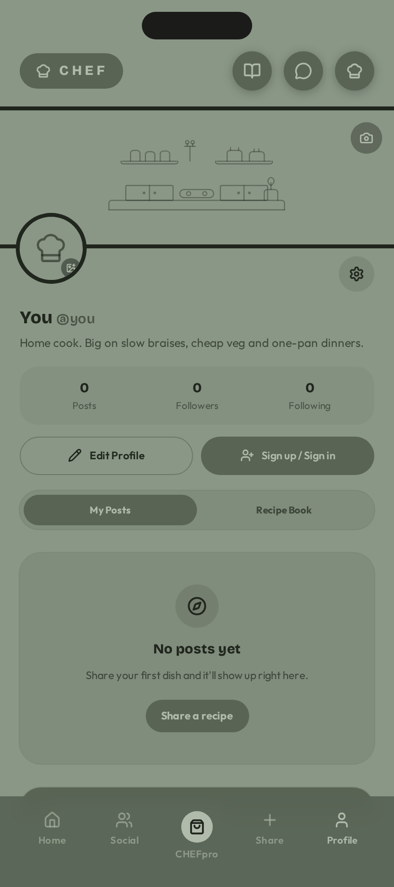 CHEF profile with saved recipe book and settings